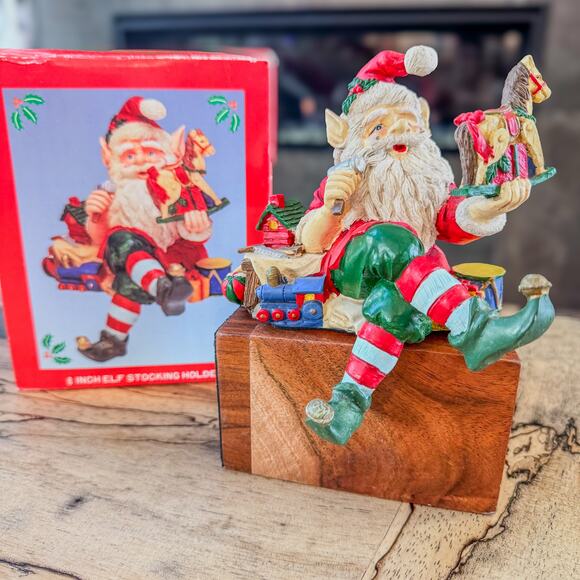 Vintage Christmas Elf Santa Resin Stocking Holder w/ Original Box Whimsy Holiday - Picture 1 of 15
